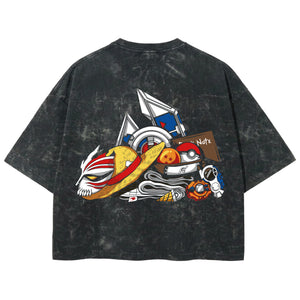 Playera streetwear premium de anime y gaming ExtraLife MX, corte boxy deluxe mineral wash heavyweight en color Acid Wash, moda urbana mexicana de culto.