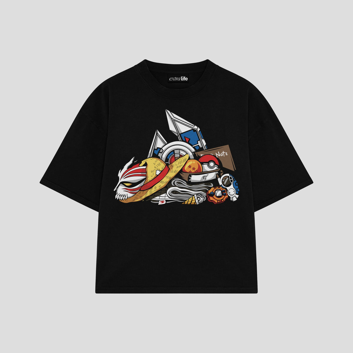 Playera streetwear premium de anime y gaming ExtraLife MX, corte oversized drop shoulder ligero y fresco en color Deep Black y Off-White, moda urbana mexicana de culto.