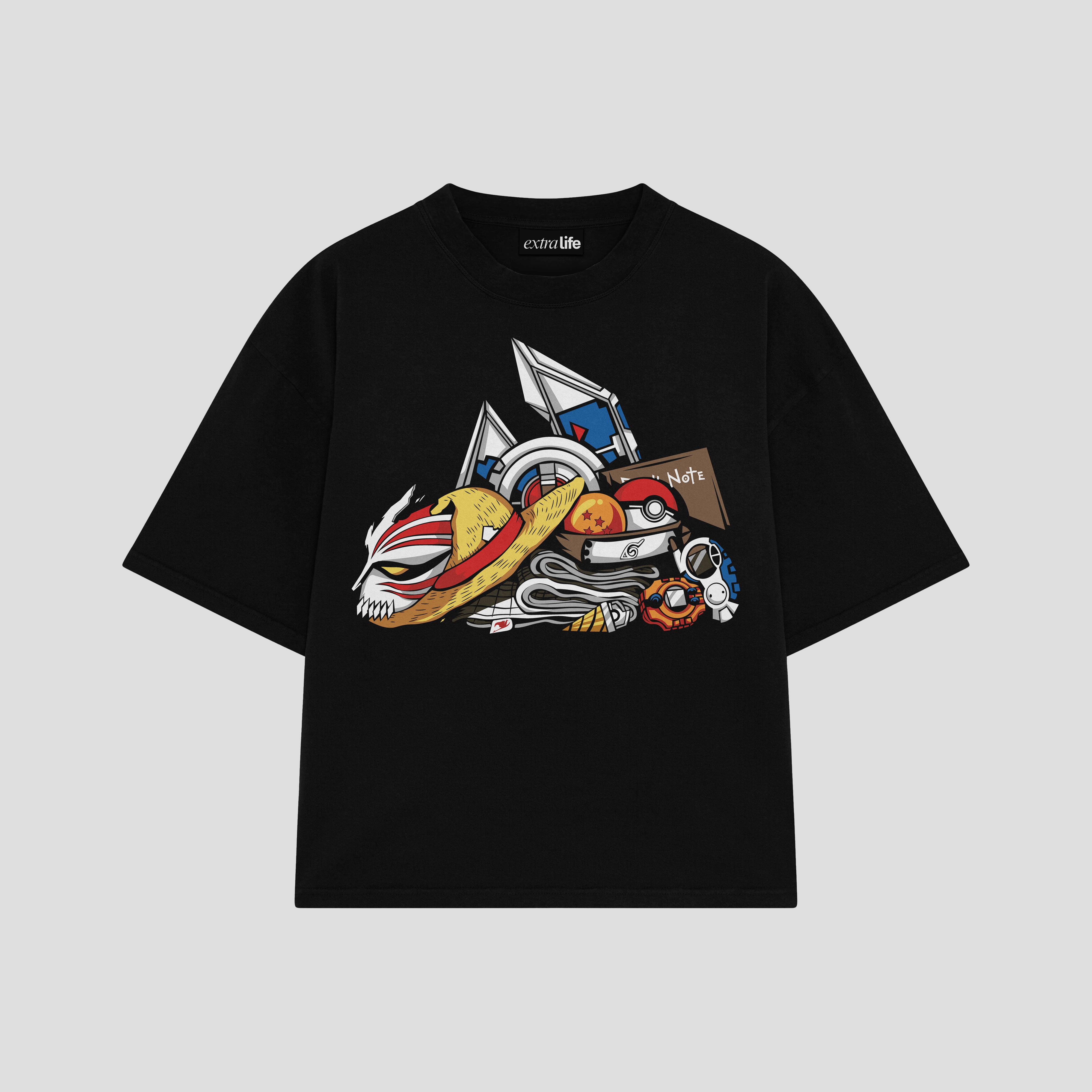 Playera streetwear premium de anime y gaming ExtraLife MX, corte boxy oversized drop shoulder heavyweight en color Deep Black y Off-White, moda urbana mexicana de culto.