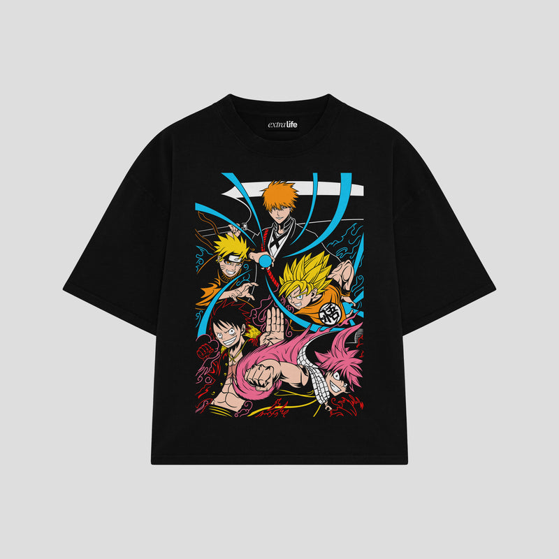 Playera streetwear premium de anime y gaming ExtraLife MX, corte boxy oversized drop shoulder heavyweight en color Deep Black y Off-White, moda urbana mexicana de culto.