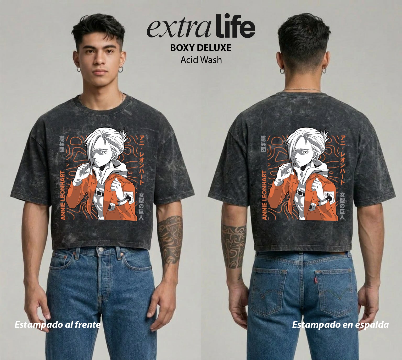 Playera streetwear premium de anime y gaming ExtraLife MX, corte boxy deluxe mineral wash heavyweight en color Acid Wash, moda urbana mexicana de culto.