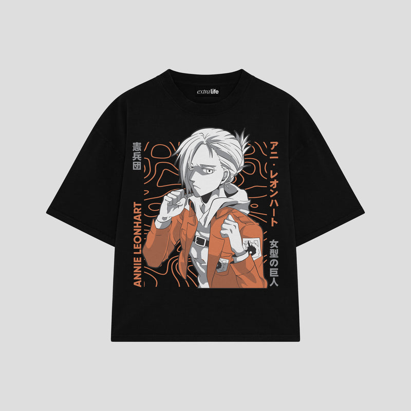 Playera streetwear premium de anime y gaming ExtraLife MX, corte boxy oversized drop shoulder heavyweight en color Deep Black y Off-White, moda urbana mexicana de culto.