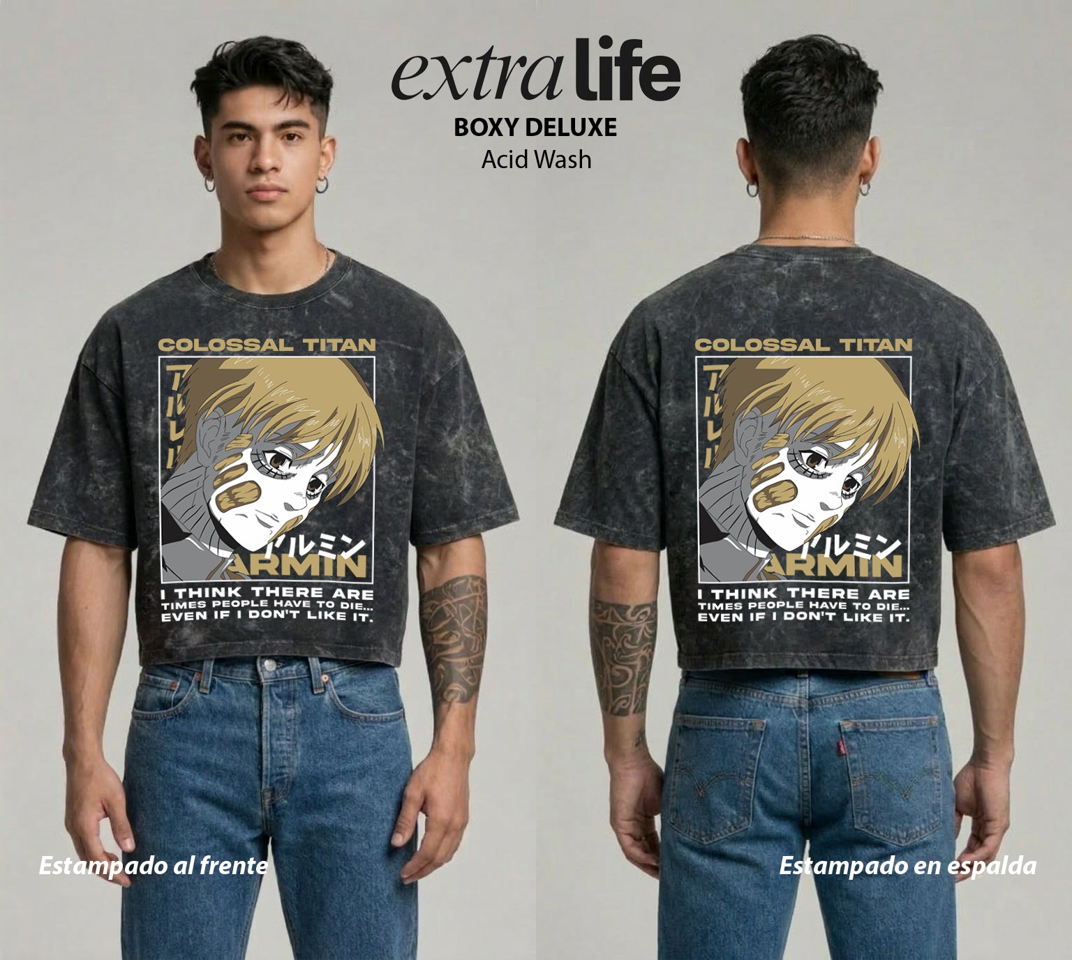 Playera streetwear premium de anime y gaming ExtraLife MX, corte boxy deluxe mineral wash heavyweight en color Acid Wash, moda urbana mexicana de culto.