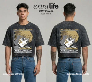 Playera streetwear premium de anime y gaming ExtraLife MX, corte boxy deluxe mineral wash heavyweight en color Acid Wash, moda urbana mexicana de culto.