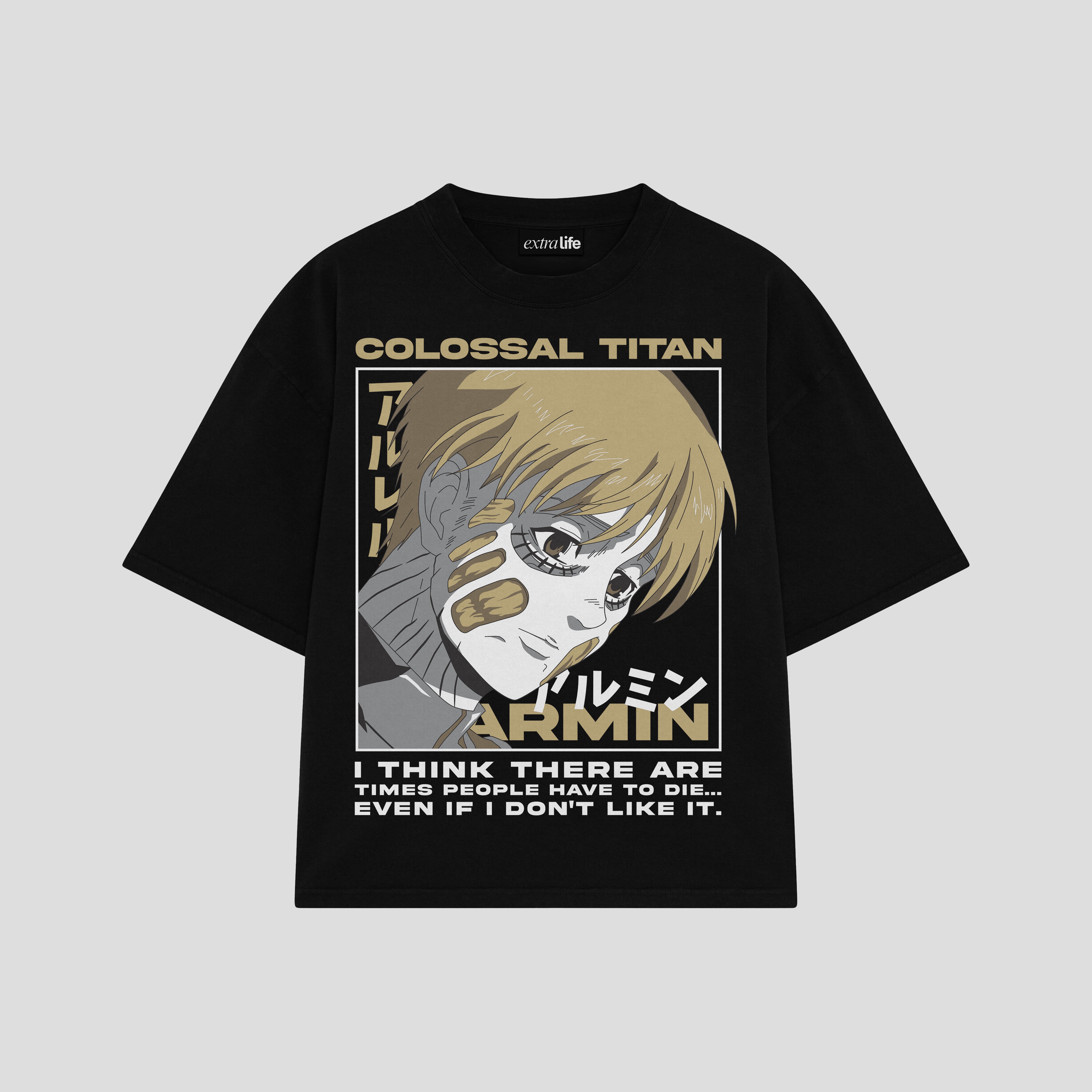 Playera streetwear premium de anime y gaming ExtraLife MX, corte boxy oversized drop shoulder heavyweight en color Deep Black y Off-White, moda urbana mexicana de culto.
