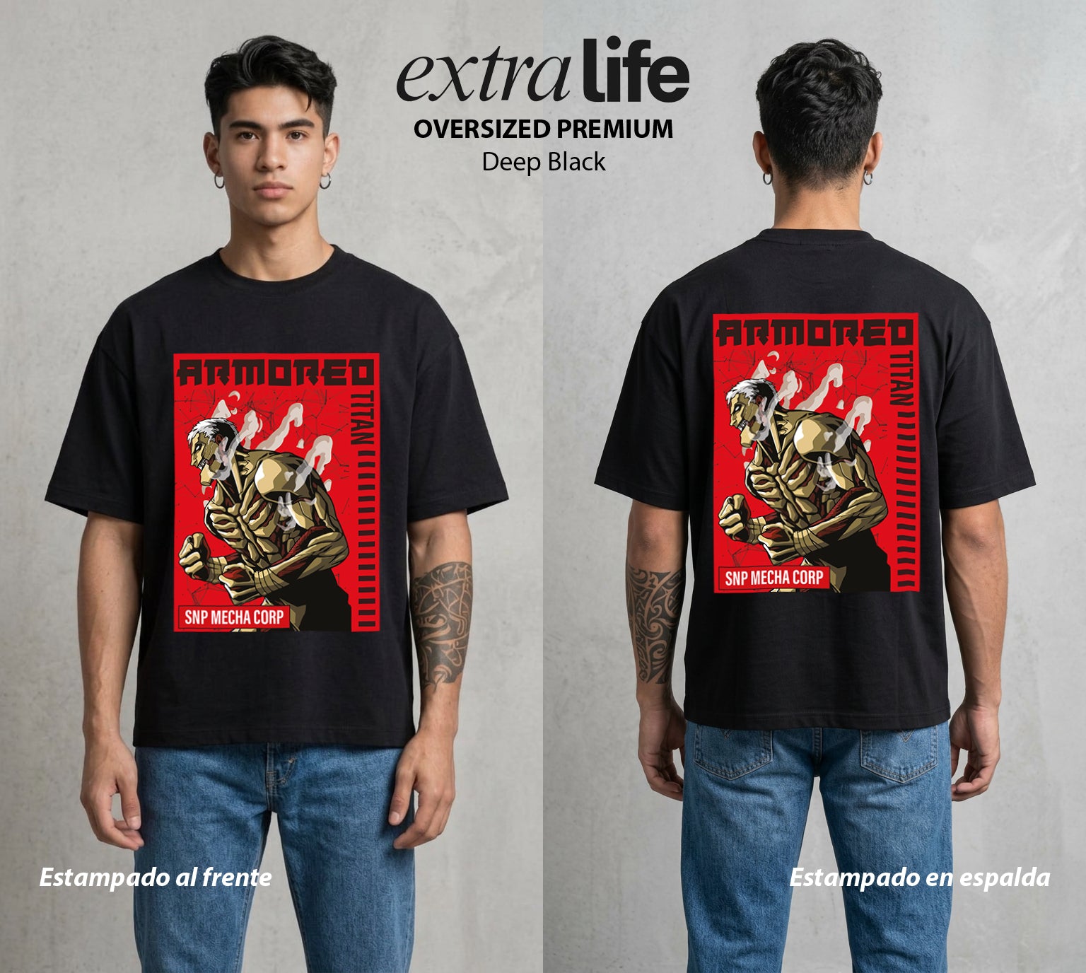 Mas Alla del Muro | El Coloso Blindado #00058 - Playera Oversized Premium | Deep Black - Foto en modelo