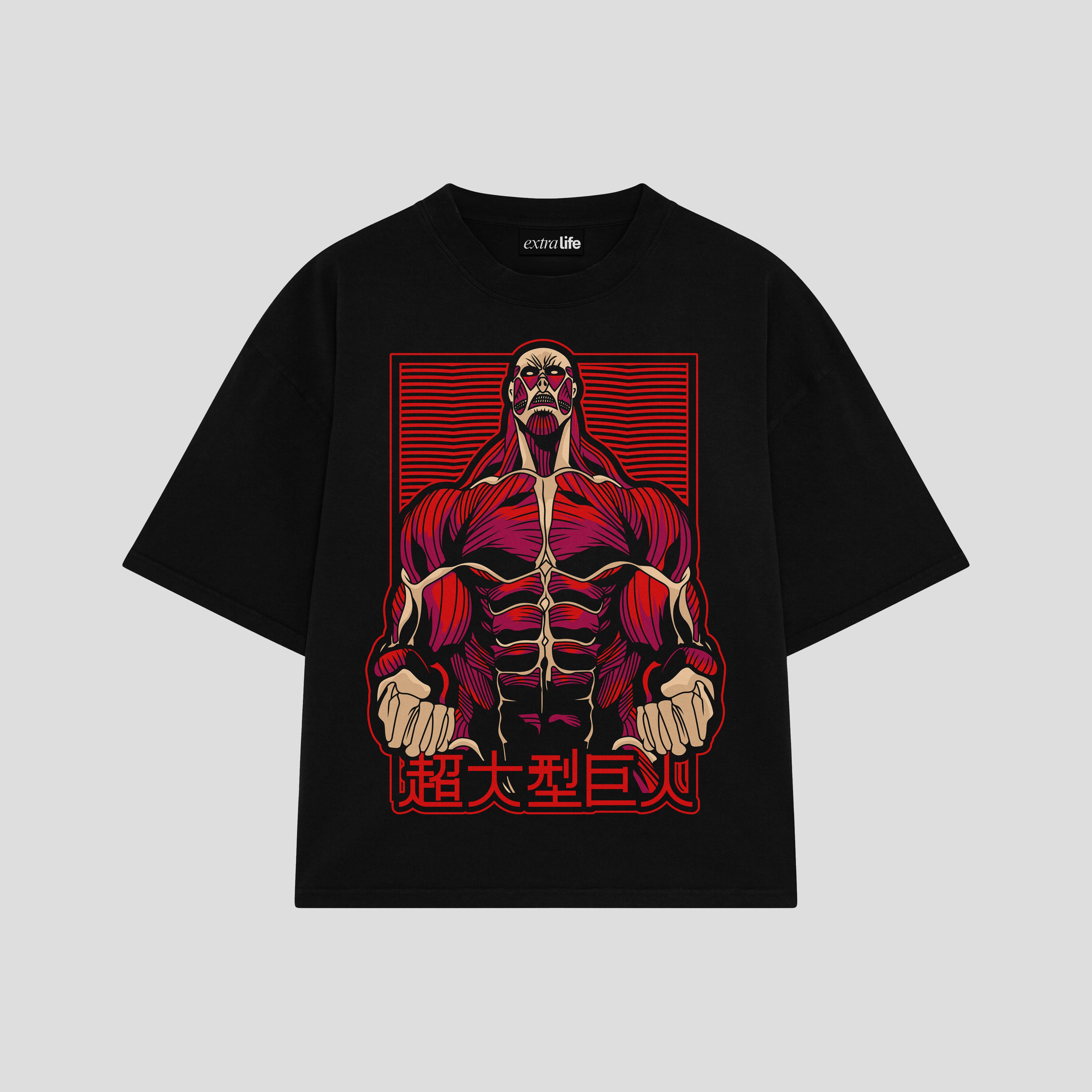 Playera streetwear premium de anime y gaming ExtraLife MX, corte boxy oversized drop shoulder heavyweight en color Deep Black y Off-White, moda urbana mexicana de culto.