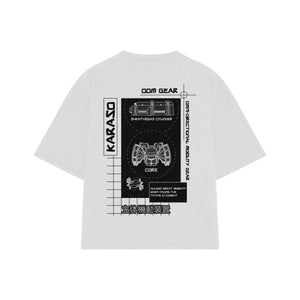Playera streetwear premium de anime y gaming ExtraLife MX, corte boxy oversized drop shoulder heavyweight en color Deep Black y Off-White, moda urbana mexicana de culto.