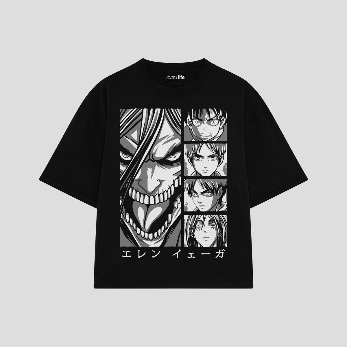 Playera streetwear premium de anime y gaming ExtraLife MX, corte oversized drop shoulder ligero y fresco en color Deep Black y Off-White, moda urbana mexicana de culto.