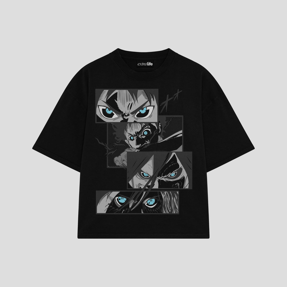 Playera streetwear premium de anime y gaming ExtraLife MX, corte oversized drop shoulder ligero y fresco en color Deep Black y Off-White, moda urbana mexicana de culto.