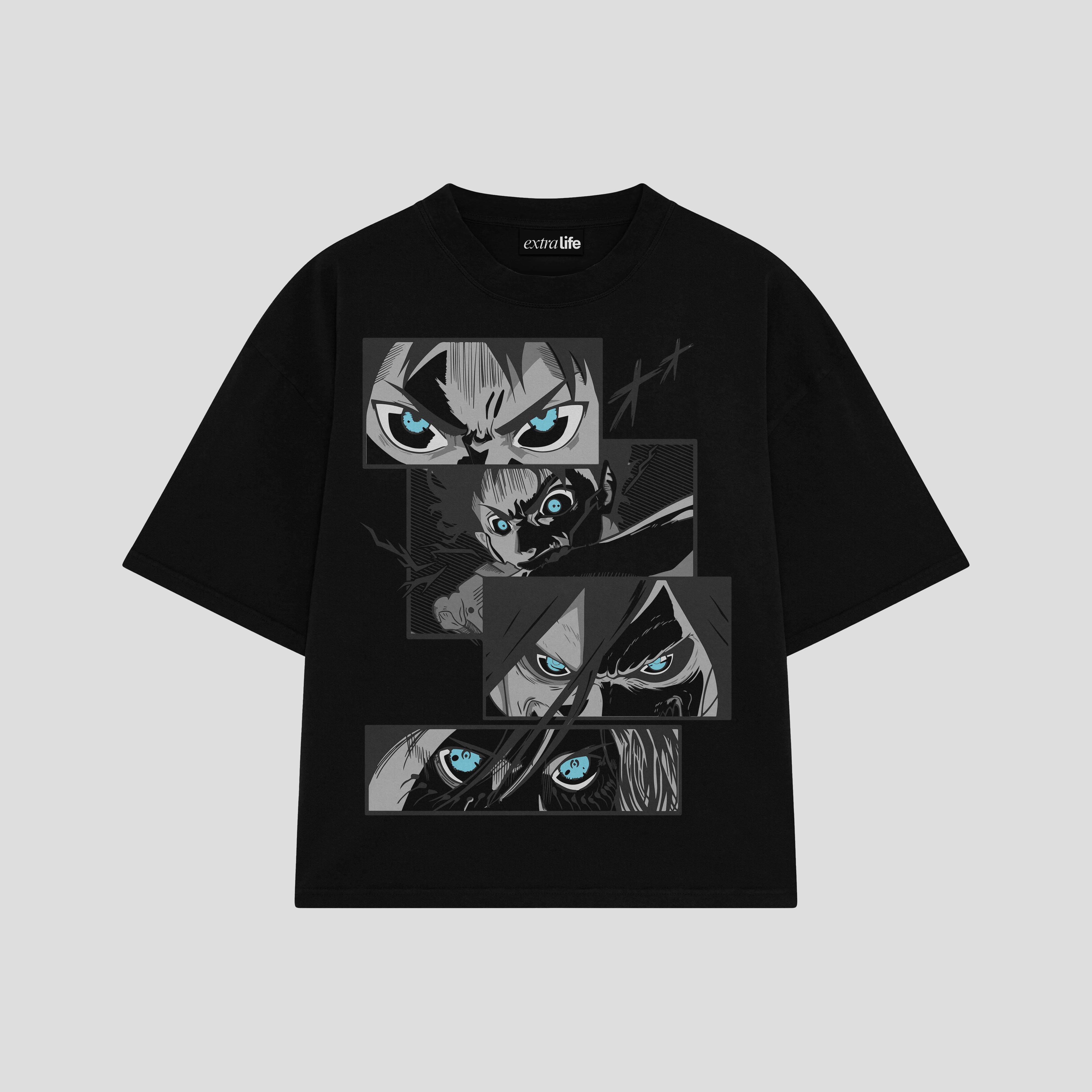 Playera streetwear premium de anime y gaming ExtraLife MX, corte boxy oversized drop shoulder heavyweight en color Deep Black y Off-White, moda urbana mexicana de culto.