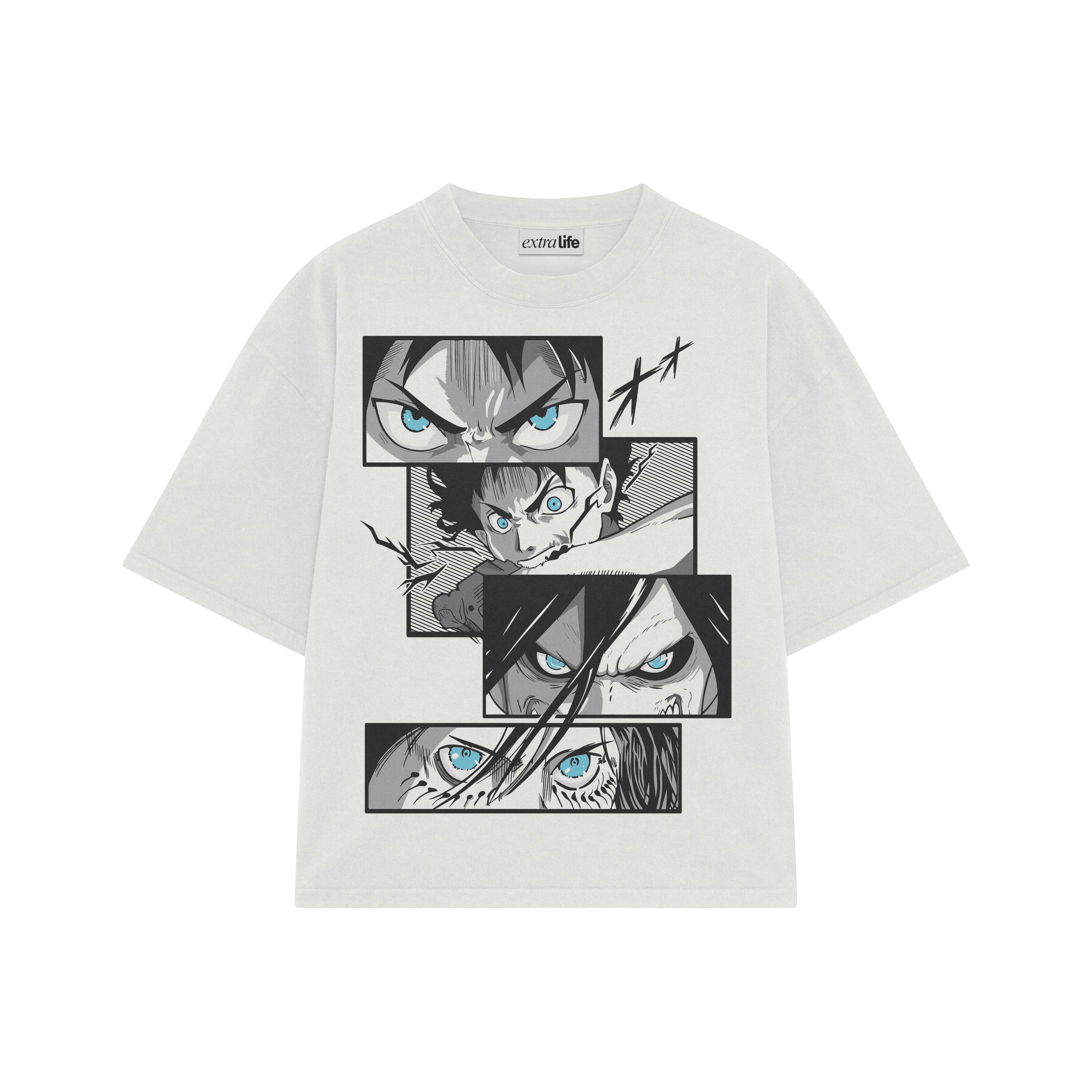 Playera streetwear premium de anime y gaming ExtraLife MX, corte boxy oversized drop shoulder heavyweight en color Deep Black y Off-White, moda urbana mexicana de culto.