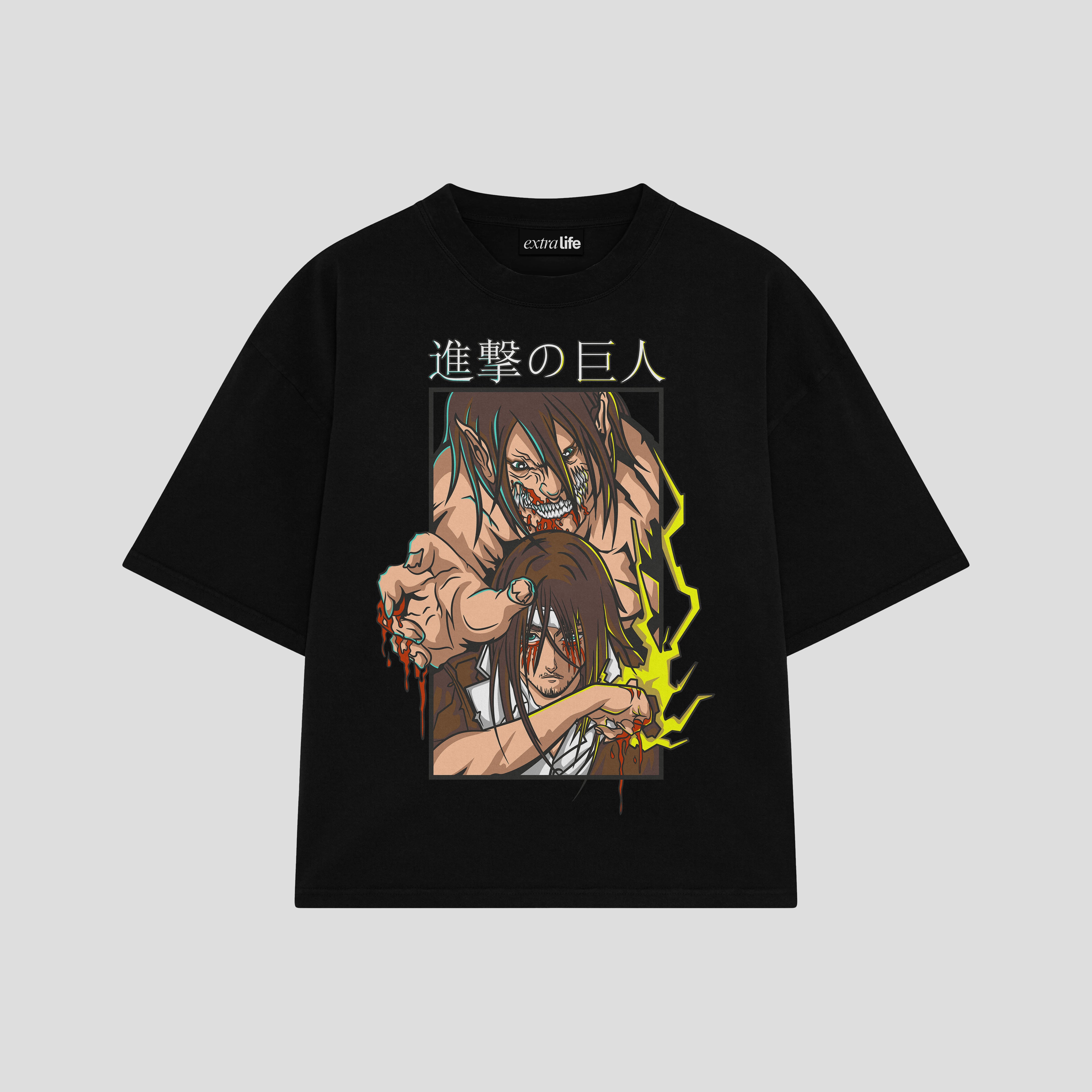 Playera streetwear premium de anime y gaming ExtraLife MX, corte boxy oversized drop shoulder heavyweight en color Deep Black y Off-White, moda urbana mexicana de culto.