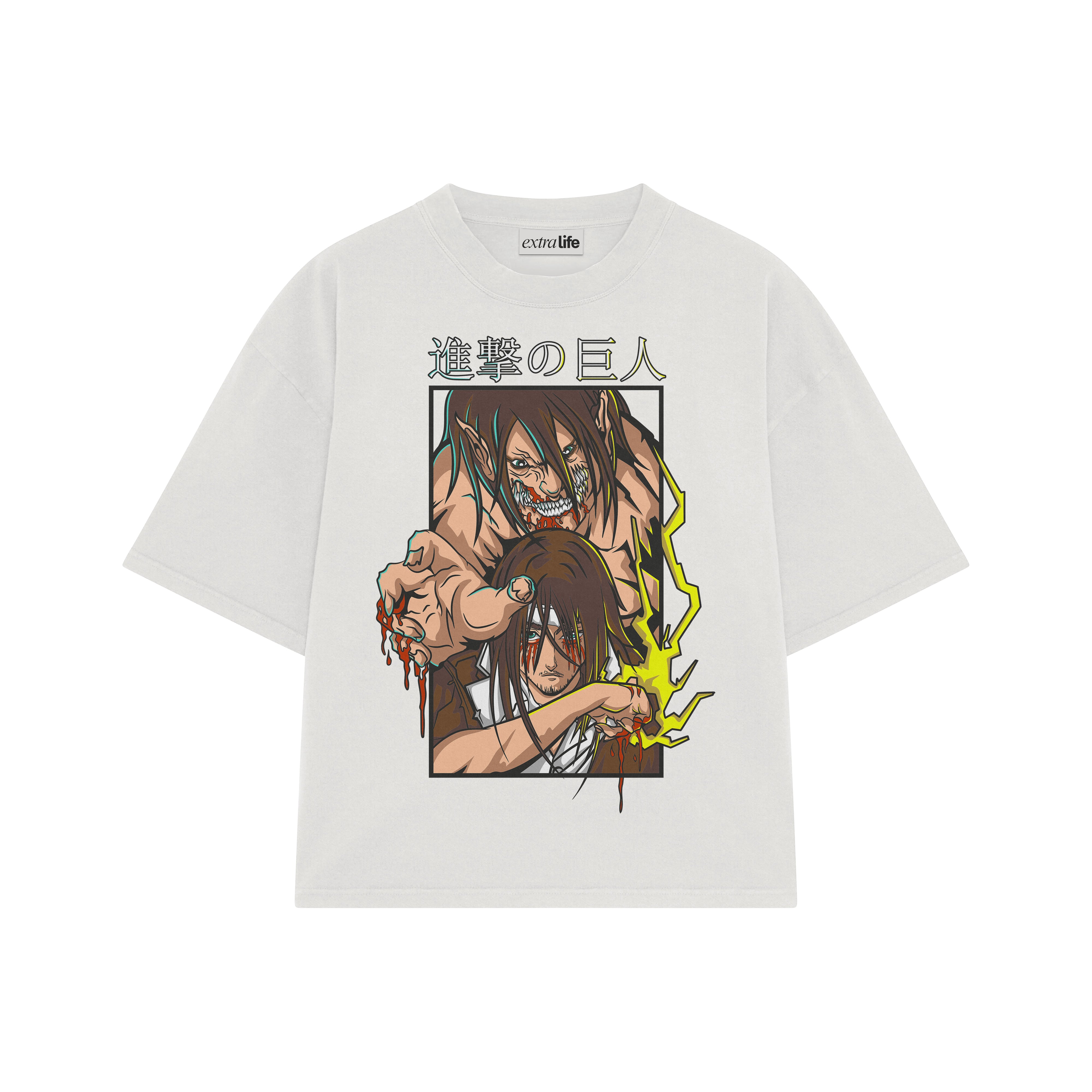 Playera streetwear premium de anime y gaming ExtraLife MX, corte boxy oversized drop shoulder heavyweight en color Deep Black y Off-White, moda urbana mexicana de culto.