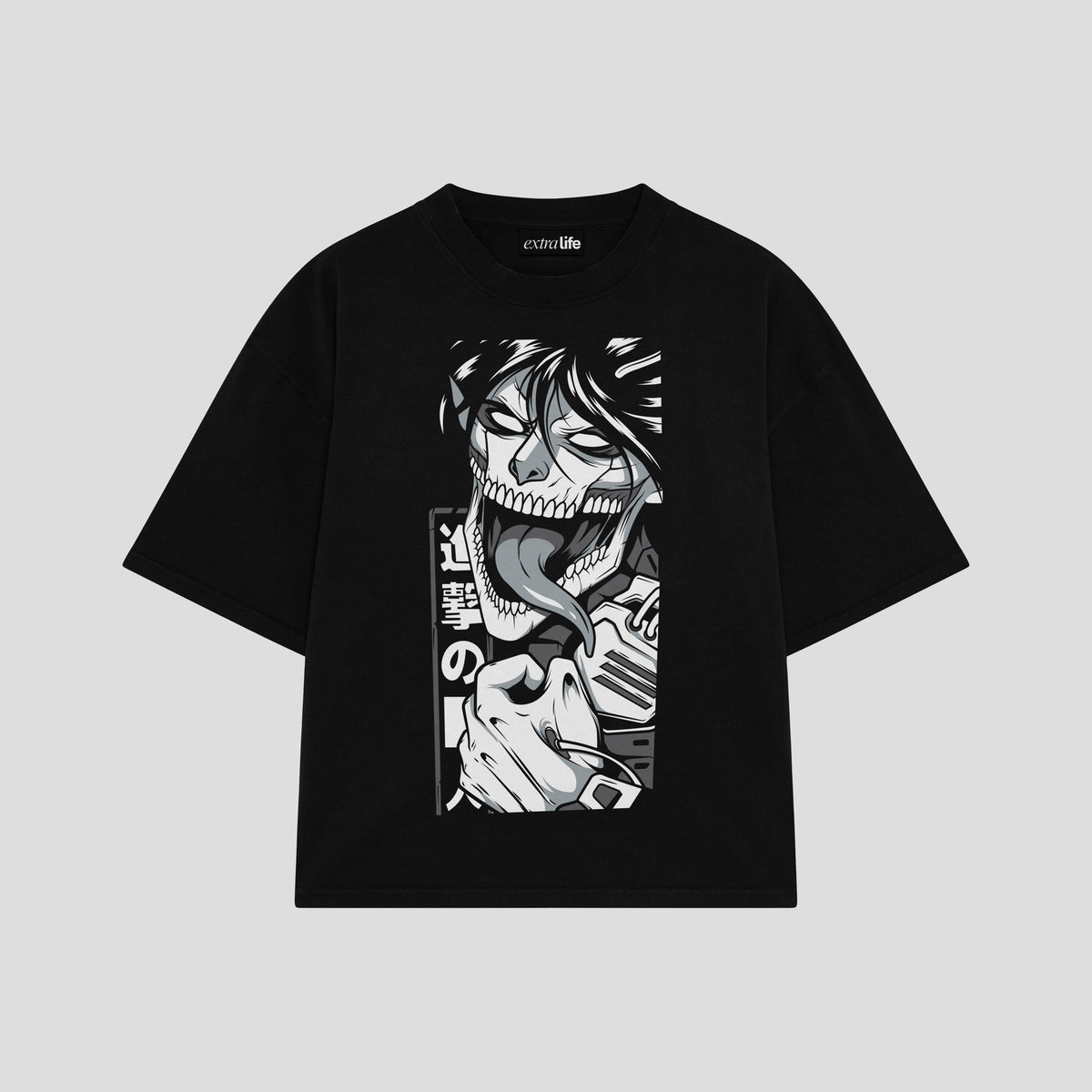 Playera streetwear premium de anime y gaming ExtraLife MX, corte oversized drop shoulder ligero y fresco en color Deep Black y Off-White, moda urbana mexicana de culto.
