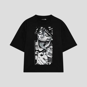 Playera streetwear premium de anime y gaming ExtraLife MX, corte boxy oversized drop shoulder heavyweight en color Deep Black y Off-White, moda urbana mexicana de culto.
