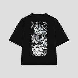 Playera streetwear premium de anime y gaming ExtraLife MX, corte boxy oversized drop shoulder heavyweight en color Deep Black y Off-White, moda urbana mexicana de culto.