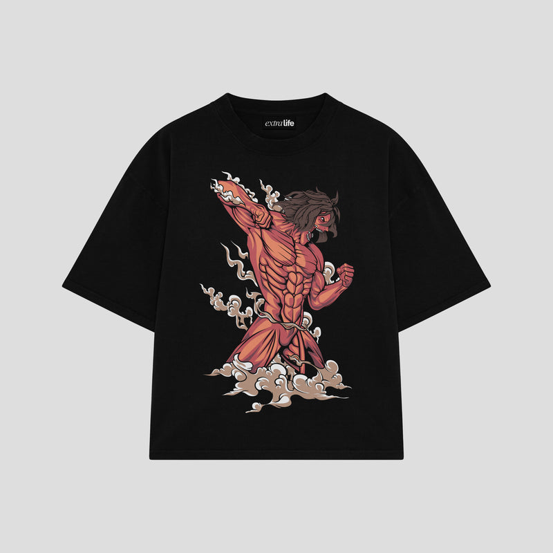 Playera streetwear premium de anime y gaming ExtraLife MX, corte boxy oversized drop shoulder heavyweight en color Deep Black y Off-White, moda urbana mexicana de culto.