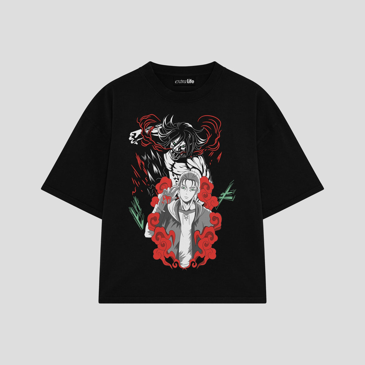 Playera streetwear premium de anime y gaming ExtraLife MX, corte oversized drop shoulder ligero y fresco en color Deep Black y Off-White, moda urbana mexicana de culto.