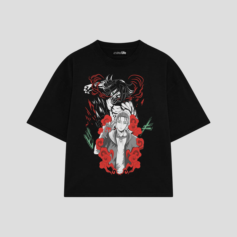 Playera streetwear premium de anime y gaming ExtraLife MX, corte boxy oversized drop shoulder heavyweight en color Deep Black y Off-White, moda urbana mexicana de culto.