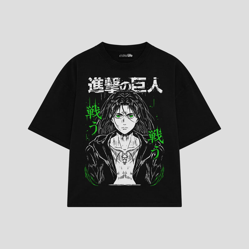 Playera streetwear premium de anime y gaming ExtraLife MX, corte boxy oversized drop shoulder heavyweight en color Deep Black y Off-White, moda urbana mexicana de culto.
