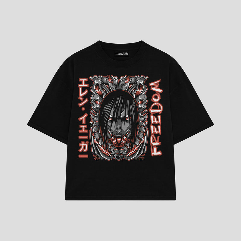 Playera streetwear premium de anime y gaming ExtraLife MX, corte boxy oversized drop shoulder heavyweight en color Deep Black y Off-White, moda urbana mexicana de culto.