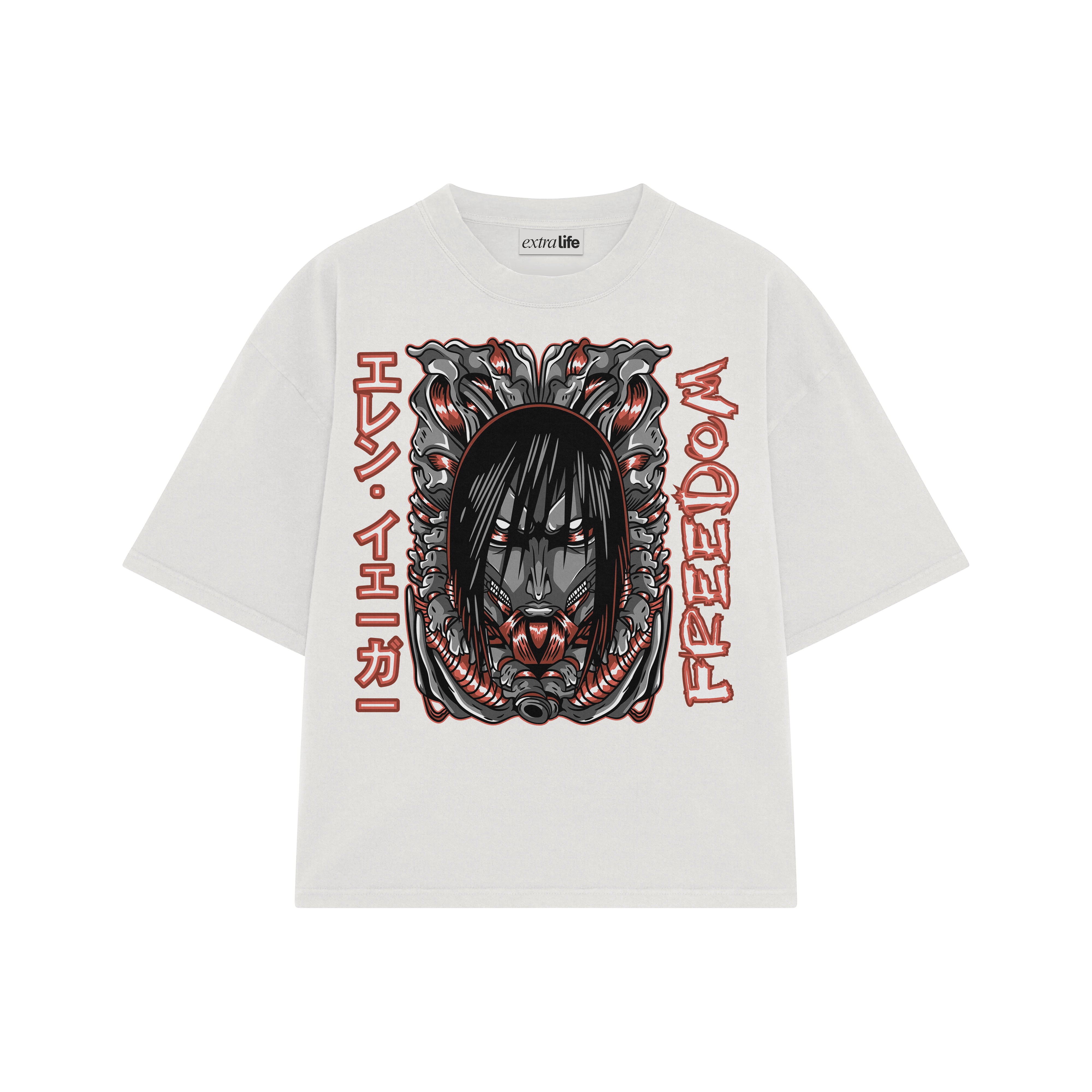 Playera streetwear premium de anime y gaming ExtraLife MX, corte boxy oversized drop shoulder heavyweight en color Deep Black y Off-White, moda urbana mexicana de culto.