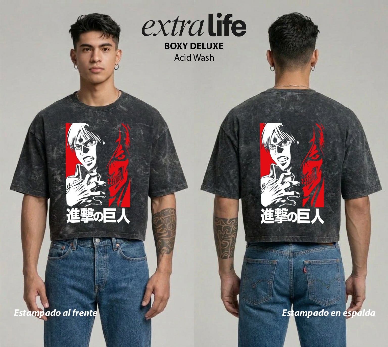 Playera streetwear premium de anime y gaming ExtraLife MX, corte boxy deluxe mineral wash heavyweight en color Acid Wash, moda urbana mexicana de culto.