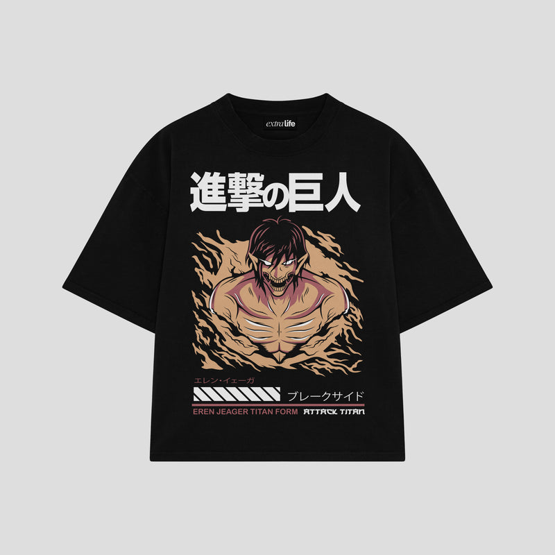 Playera streetwear premium de anime y gaming ExtraLife MX, corte boxy oversized drop shoulder heavyweight en color Deep Black y Off-White, moda urbana mexicana de culto.