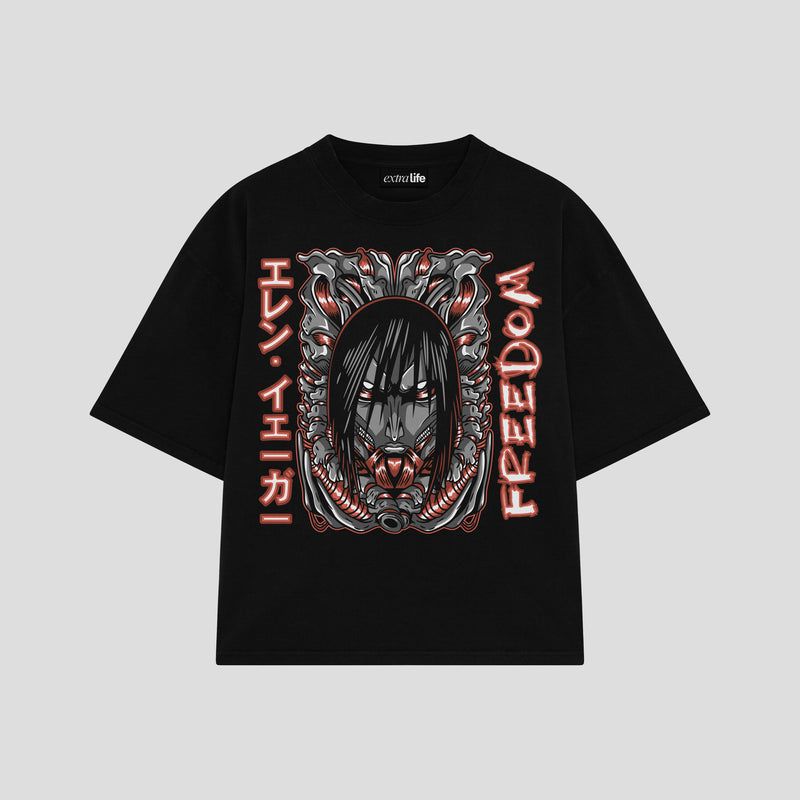 Playera streetwear premium de anime y gaming ExtraLife MX, corte boxy oversized drop shoulder heavyweight en color Deep Black y Off-White, moda urbana mexicana de culto.
