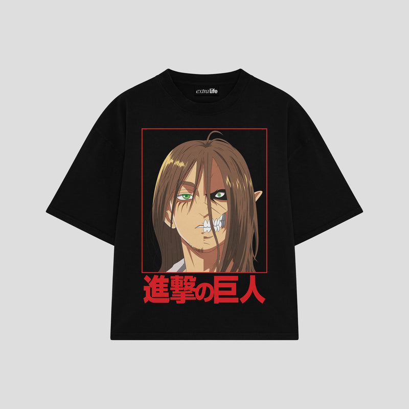 Playera streetwear premium de anime y gaming ExtraLife MX, corte boxy oversized drop shoulder heavyweight en color Deep Black y Off-White, moda urbana mexicana de culto.
