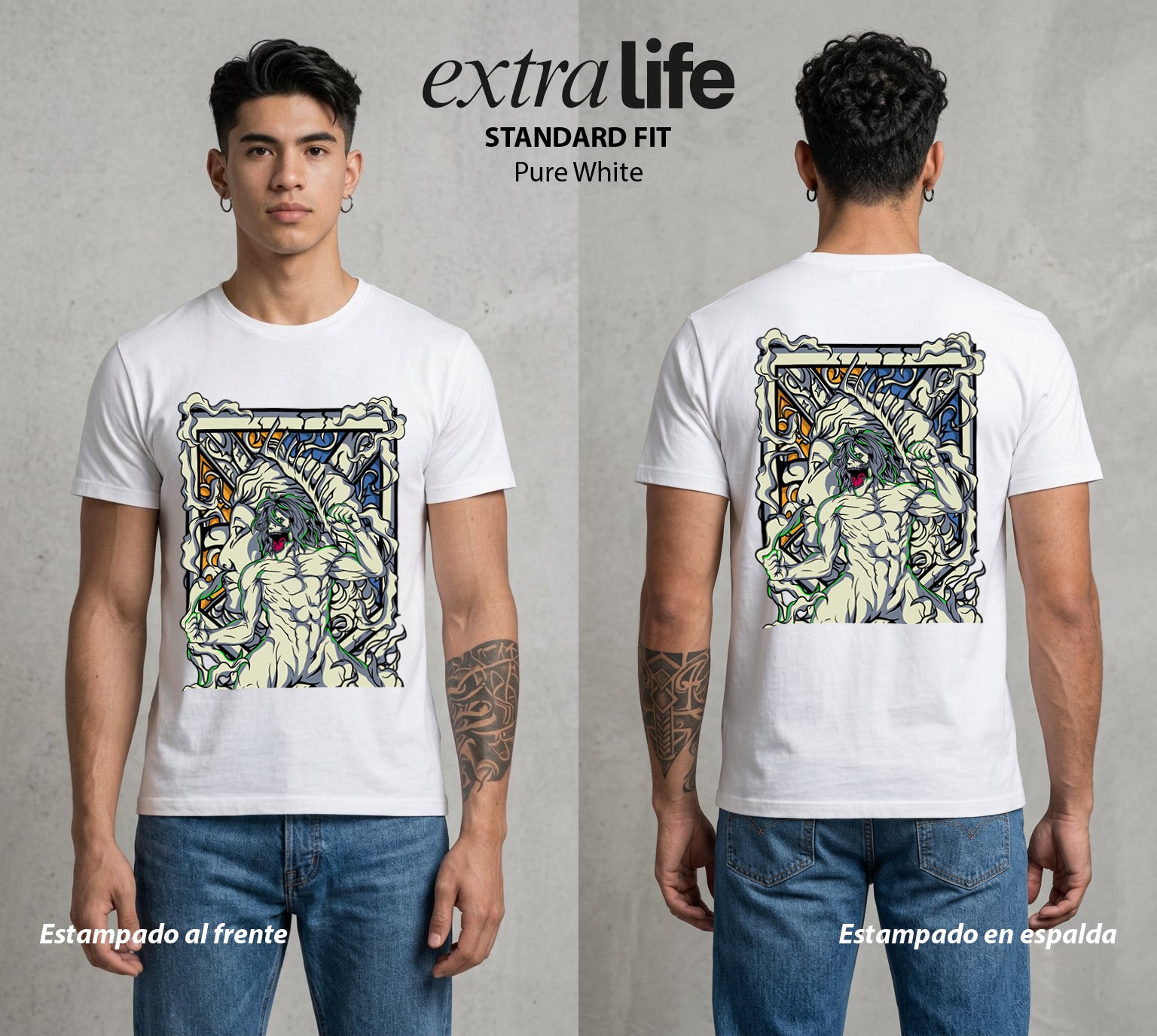 Mas Alla del Muro | El Titan Fundador #00085 - Playera Standard Fit | Pure White - Foto en modelo