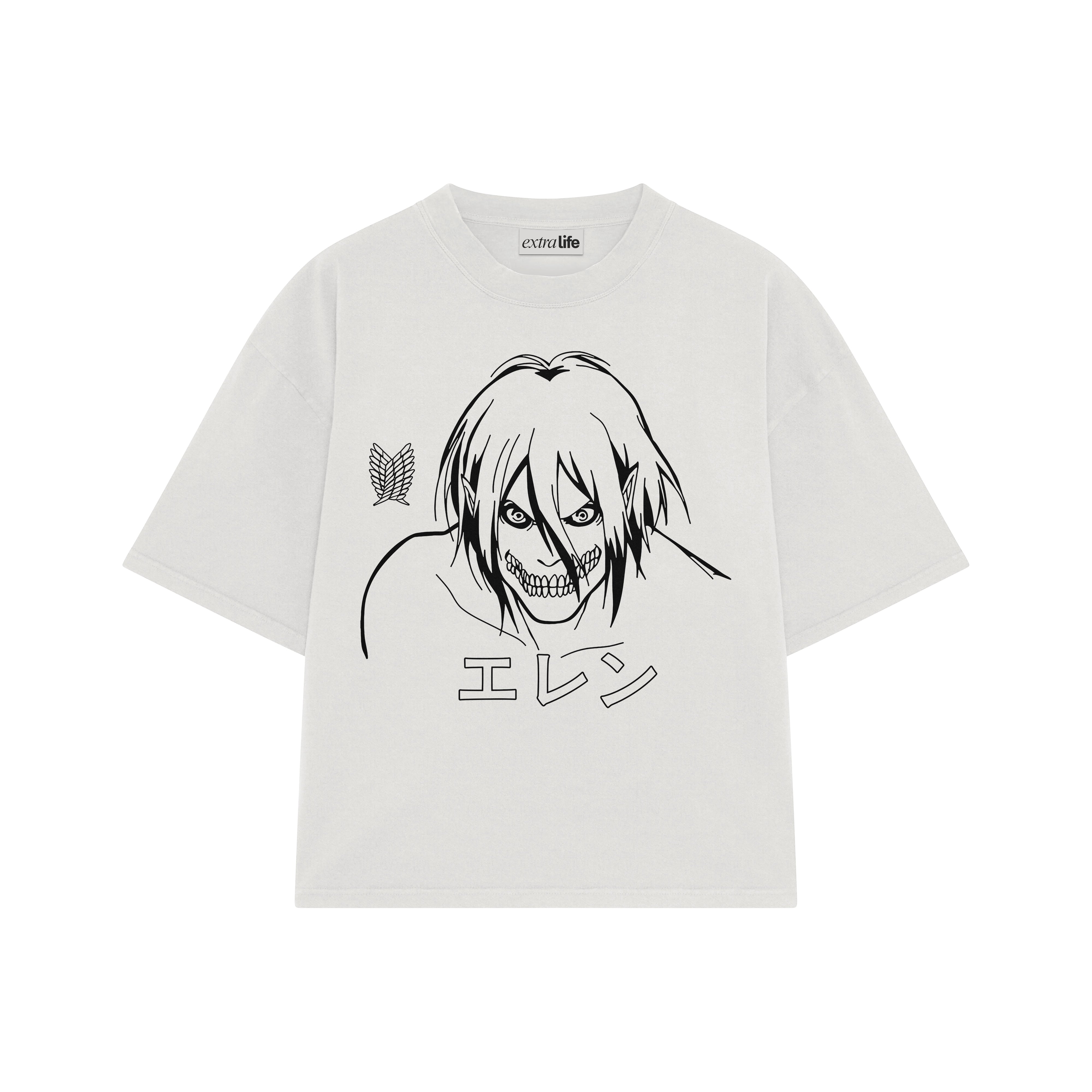 Playera streetwear premium de anime y gaming ExtraLife MX, corte boxy oversized drop shoulder heavyweight en color Deep Black y Off-White, moda urbana mexicana de culto.