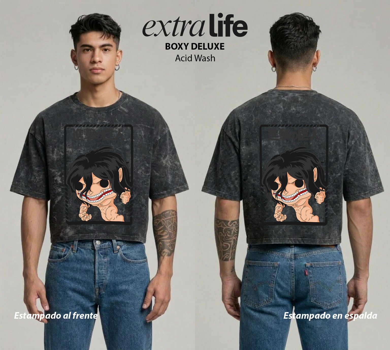 Playera streetwear premium de anime y gaming ExtraLife MX, corte boxy deluxe mineral wash heavyweight en color Acid Wash, moda urbana mexicana de culto.