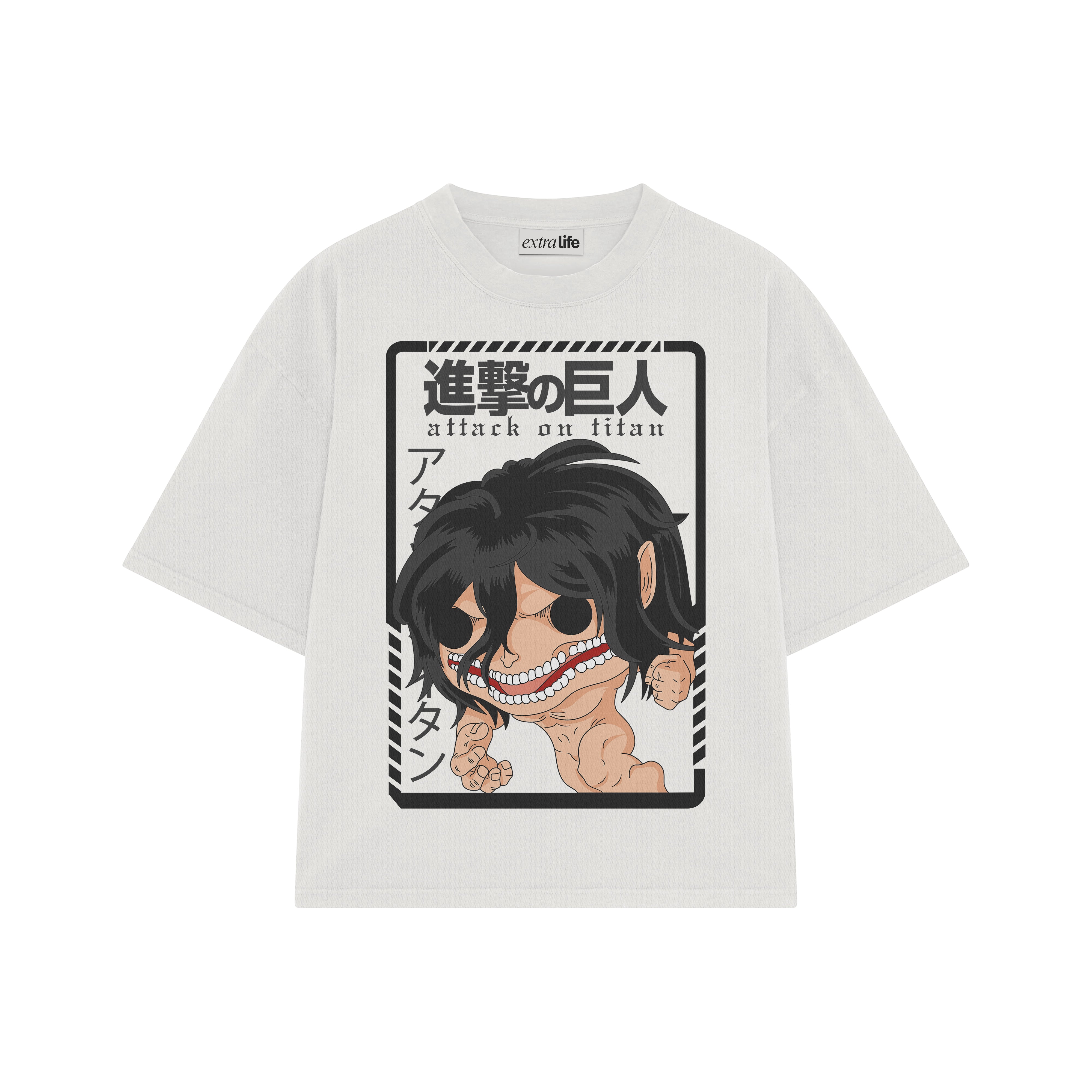 Playera streetwear premium de anime y gaming ExtraLife MX, corte boxy oversized drop shoulder heavyweight en color Deep Black y Off-White, moda urbana mexicana de culto.