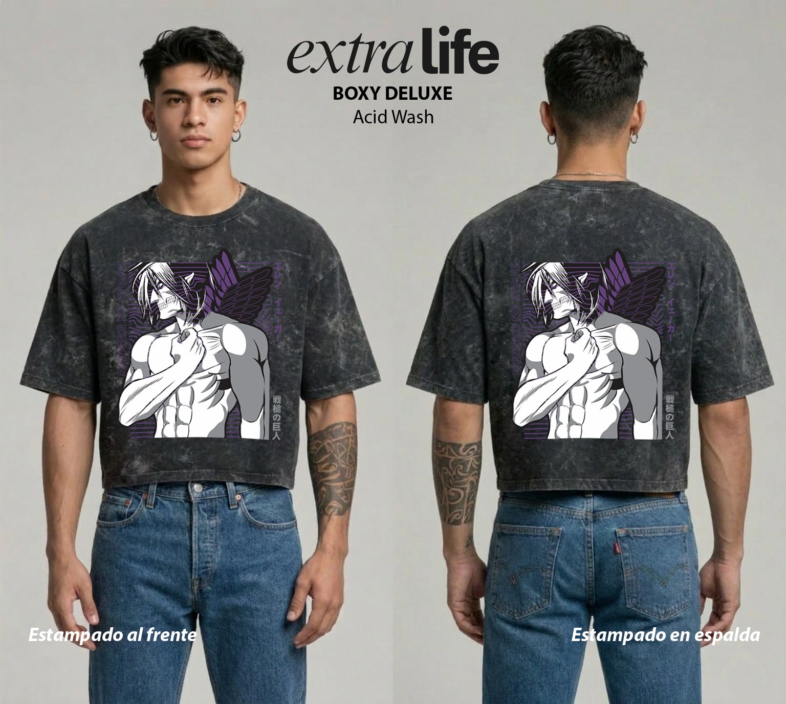 Playera streetwear premium de anime y gaming ExtraLife MX, corte boxy deluxe mineral wash heavyweight en color Acid Wash, moda urbana mexicana de culto.