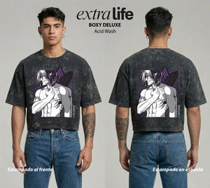 Playera streetwear premium de anime y gaming ExtraLife MX, corte boxy deluxe mineral wash heavyweight en color Acid Wash, moda urbana mexicana de culto.