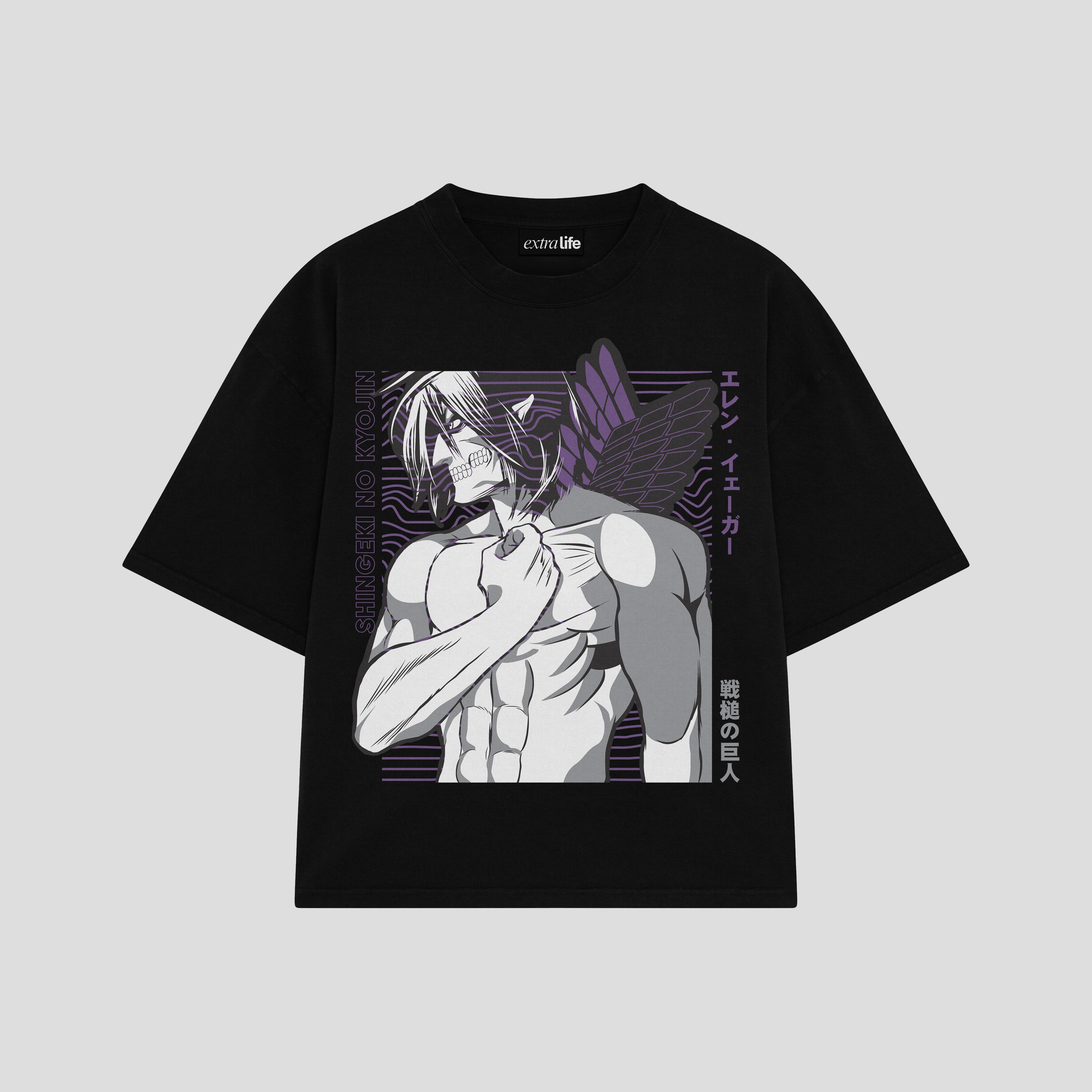 Playera streetwear premium de anime y gaming ExtraLife MX, corte boxy oversized drop shoulder heavyweight en color Deep Black y Off-White, moda urbana mexicana de culto.