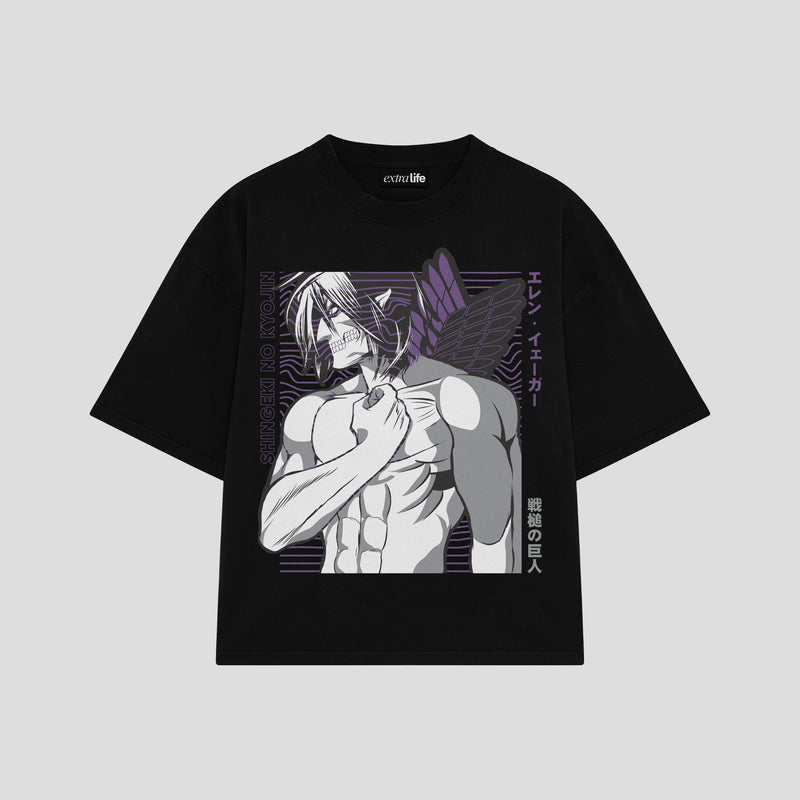 Playera streetwear premium de anime y gaming ExtraLife MX, corte boxy oversized drop shoulder heavyweight en color Deep Black y Off-White, moda urbana mexicana de culto.
