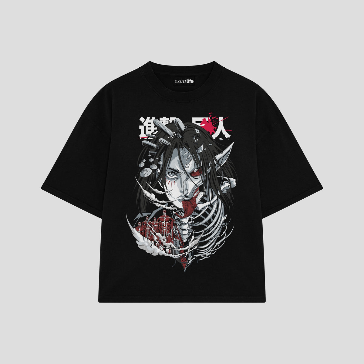 Playera streetwear premium de anime y gaming ExtraLife MX, corte oversized drop shoulder ligero y fresco en color Deep Black y Off-White, moda urbana mexicana de culto.