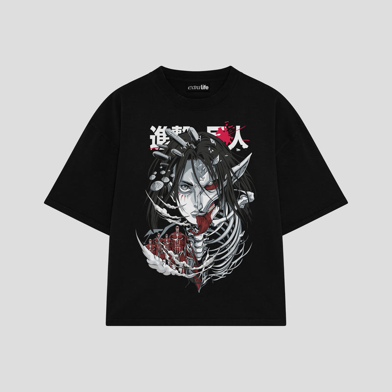 Playera streetwear premium de anime y gaming ExtraLife MX, corte boxy oversized drop shoulder heavyweight en color Deep Black y Off-White, moda urbana mexicana de culto.