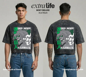 Playera streetwear premium de anime y gaming ExtraLife MX, corte boxy deluxe mineral wash heavyweight en color Acid Wash, moda urbana mexicana de culto.