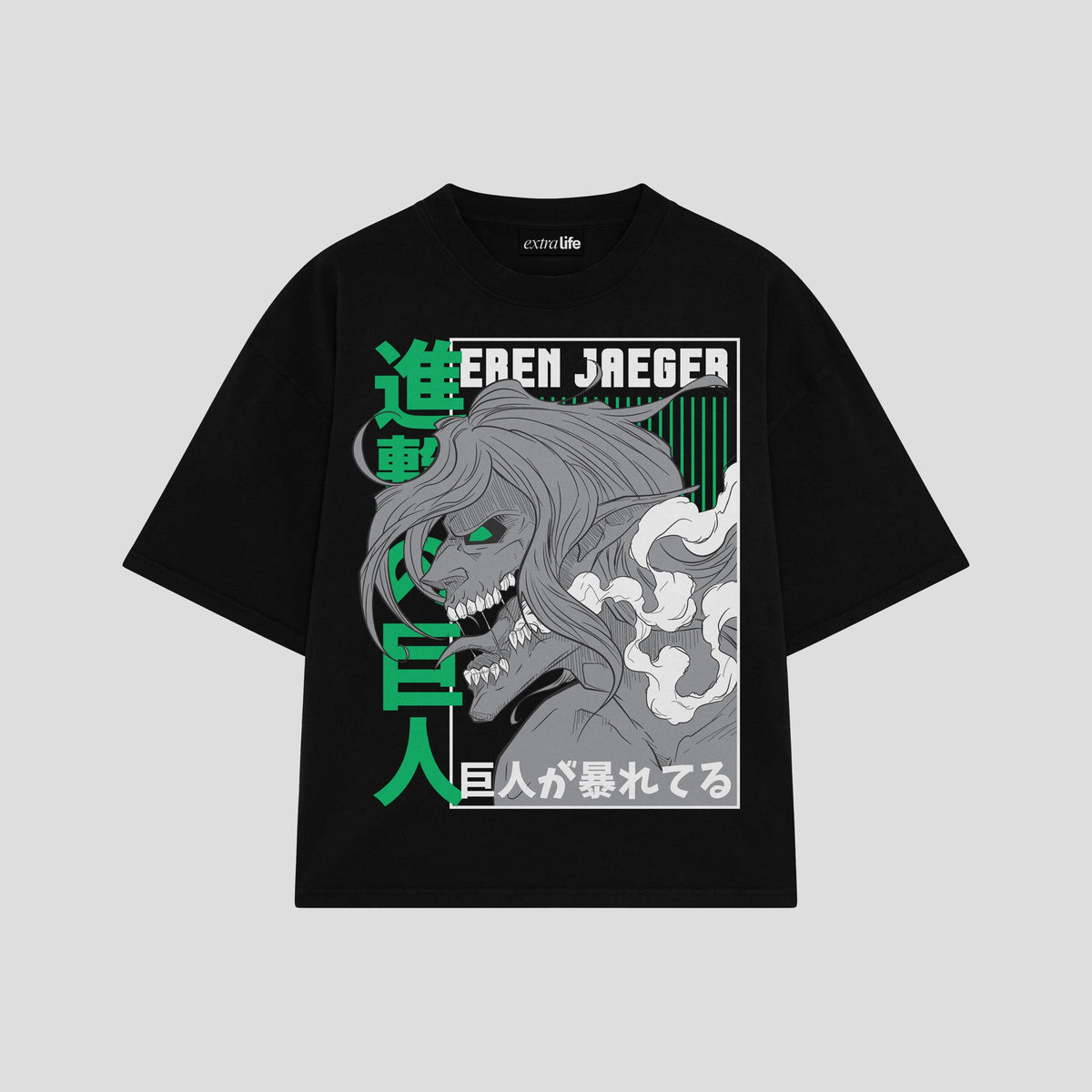 Playera streetwear premium de anime y gaming ExtraLife MX, corte oversized drop shoulder ligero y fresco en color Deep Black y Off-White, moda urbana mexicana de culto.