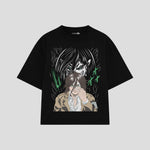 Playera streetwear premium de anime y gaming ExtraLife MX, corte boxy oversized drop shoulder heavyweight en color Deep Black y Off-White, moda urbana mexicana de culto.