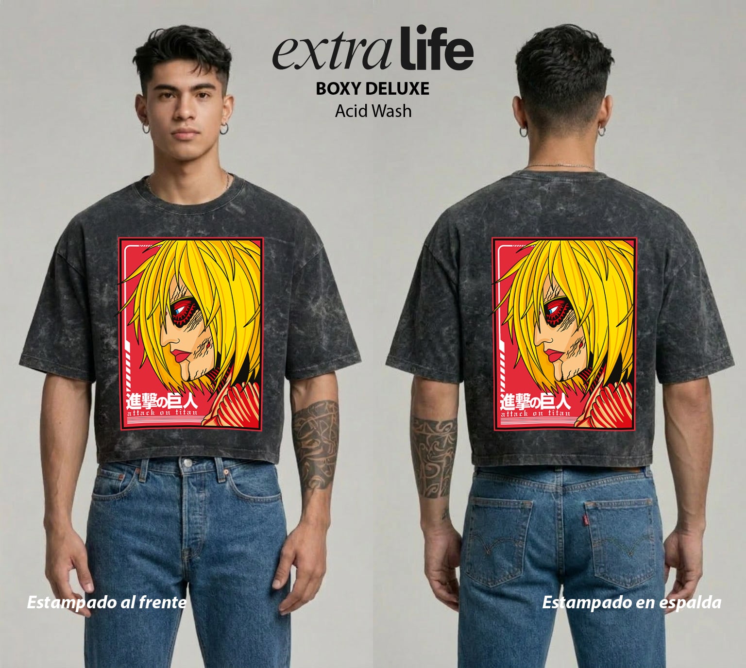 Playera streetwear premium de anime y gaming ExtraLife MX, corte boxy deluxe mineral wash heavyweight en color Acid Wash, moda urbana mexicana de culto.