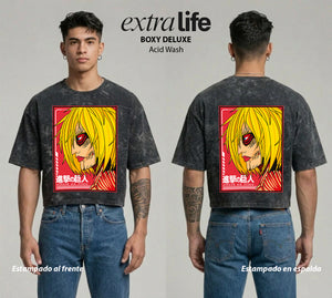 Playera streetwear premium de anime y gaming ExtraLife MX, corte boxy deluxe mineral wash heavyweight en color Acid Wash, moda urbana mexicana de culto.