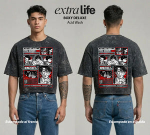 Playera streetwear premium de anime y gaming ExtraLife MX, corte boxy deluxe mineral wash heavyweight en color Acid Wash, moda urbana mexicana de culto.