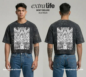 Playera streetwear premium de anime y gaming ExtraLife MX, corte boxy deluxe mineral wash heavyweight en color Acid Wash, moda urbana mexicana de culto.