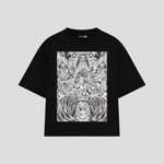 Playera streetwear premium de anime y gaming ExtraLife MX, corte boxy oversized drop shoulder heavyweight en color Deep Black y Off-White, moda urbana mexicana de culto.