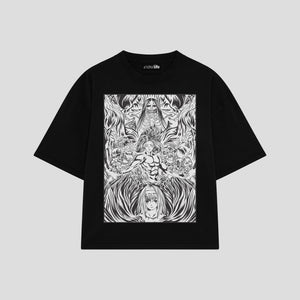 Playera streetwear premium de anime y gaming ExtraLife MX, corte boxy oversized drop shoulder heavyweight en color Deep Black y Off-White, moda urbana mexicana de culto.